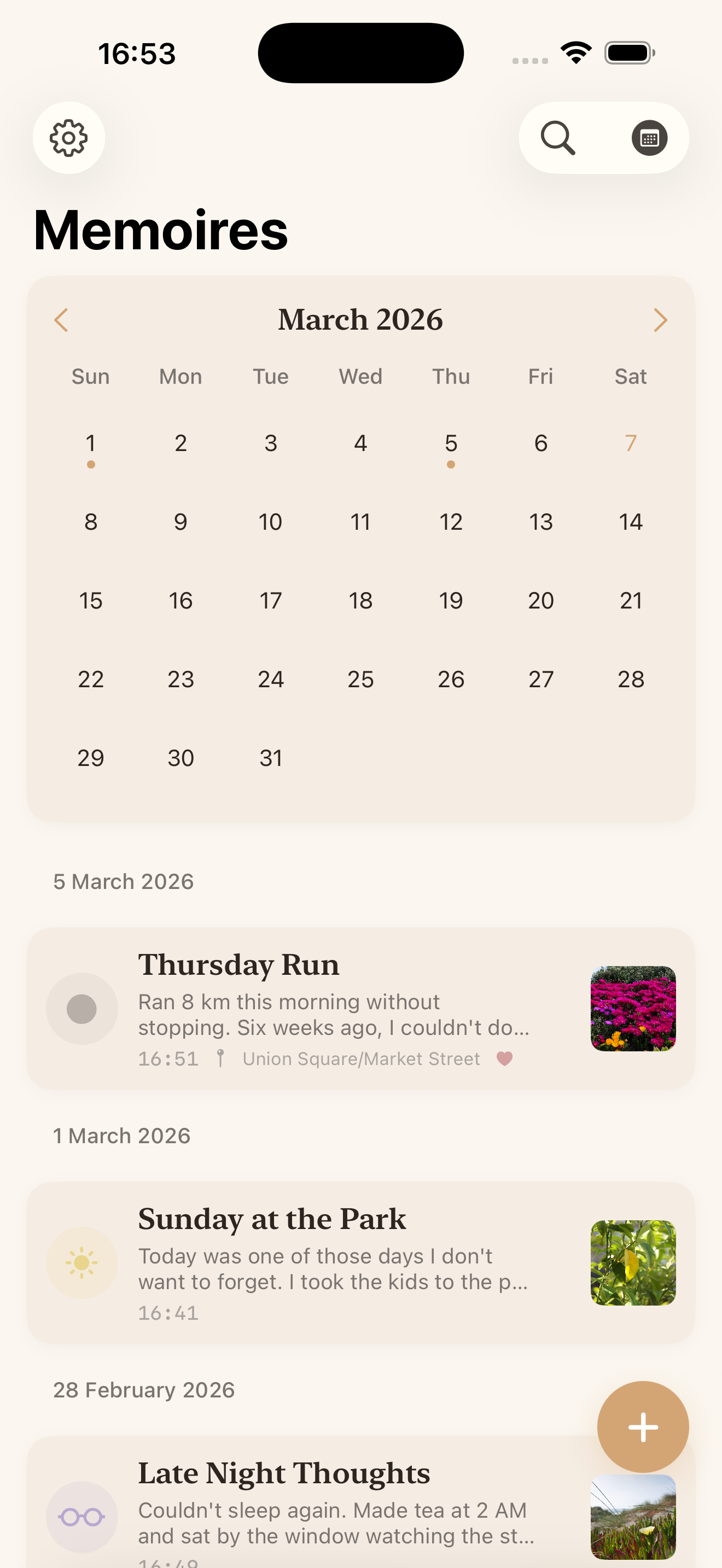 Calendar view with entries marked on days