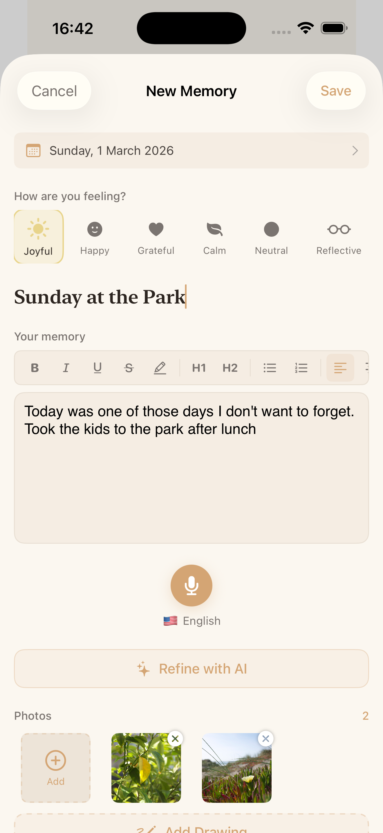Memory editor with mood picker and photos