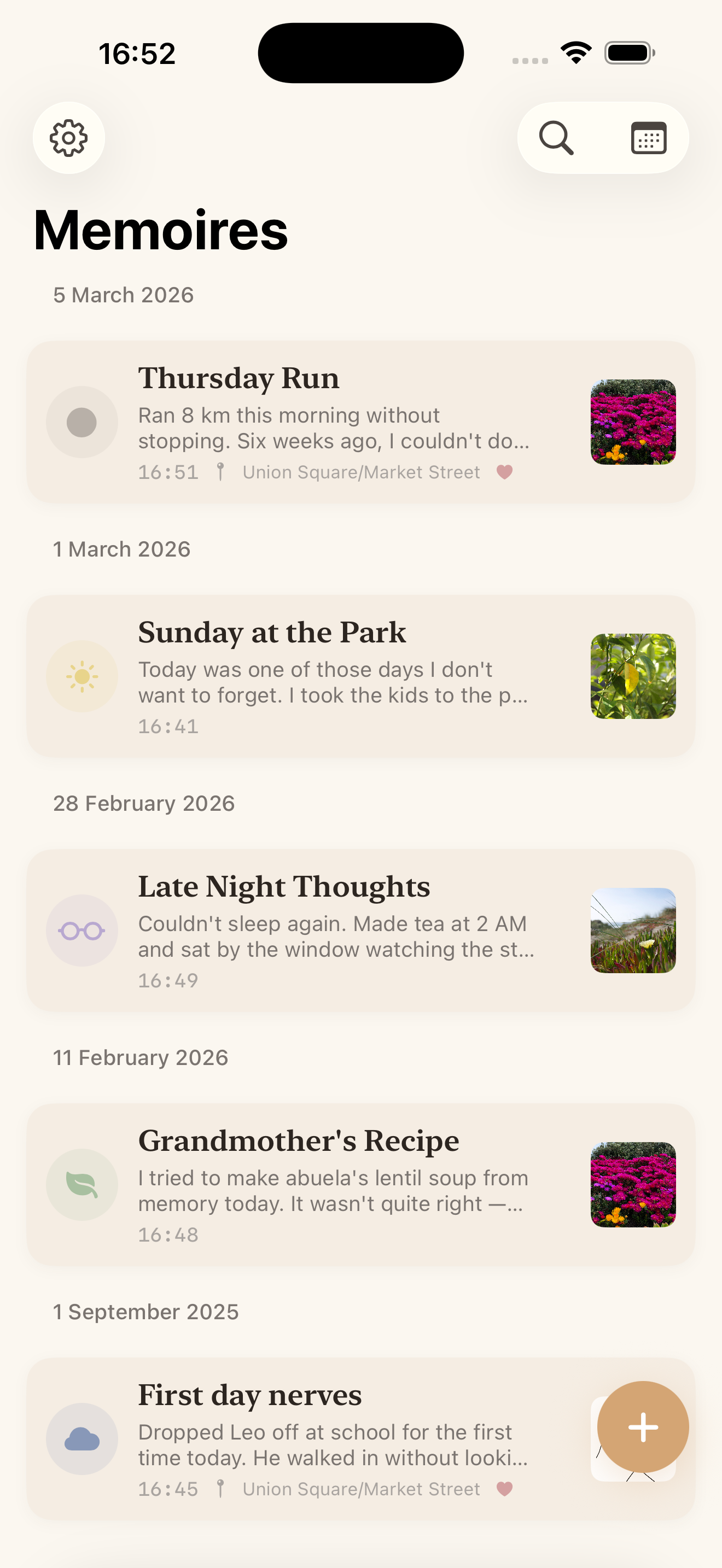 Memoires timeline showing journal entries